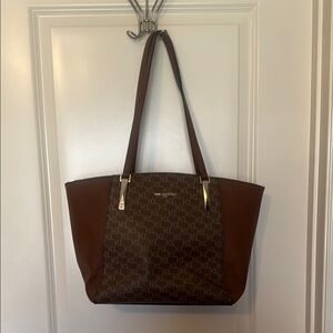 Karl Lagerfeld Brown Trapezoidal Tote with Monogram Pattern